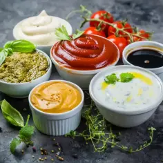 Różnorodne sosy: majonez, pesto, ketchup, musztarda, sos jogurtowy i ciemny sos. Idealne do potraw, a jeśli chcesz wiedzieć, jak zagęścić sos, te propozycje Cię zainspirują.