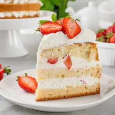 Puszysty biszkopt przełożony kremem z mascarpone i kawałkami truskawek, udekorowany świeżymi owocami.