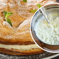 Jak uratować zwarzony krem z mascarpone? Na zdjęciu ciasto z kremem i garnek z masą, która może wymagać ratunku.