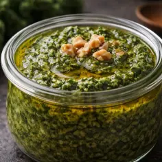 Słoik pełen aromatycznego pesto z jarmużu, ozdobiony orzechami. Idealny dodatek do makaronu lub kanapek.