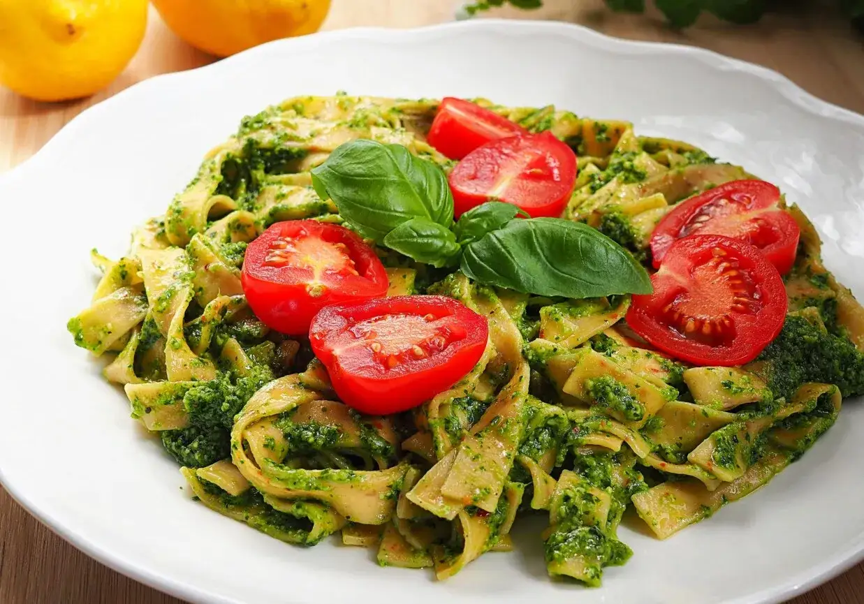 Pappardelle z aromatycznym pesto z jarmużu, ozdobione świeżymi pomidorkami i bazylią.