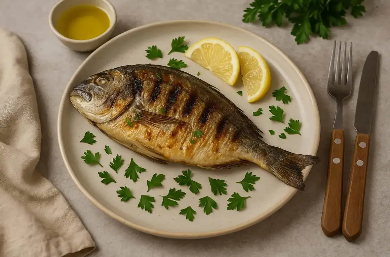 Dorada z grilla, podana z cytryną i natką pietruszki, wygląda apetycznie. Obok sztućce i miseczka z oliwą.