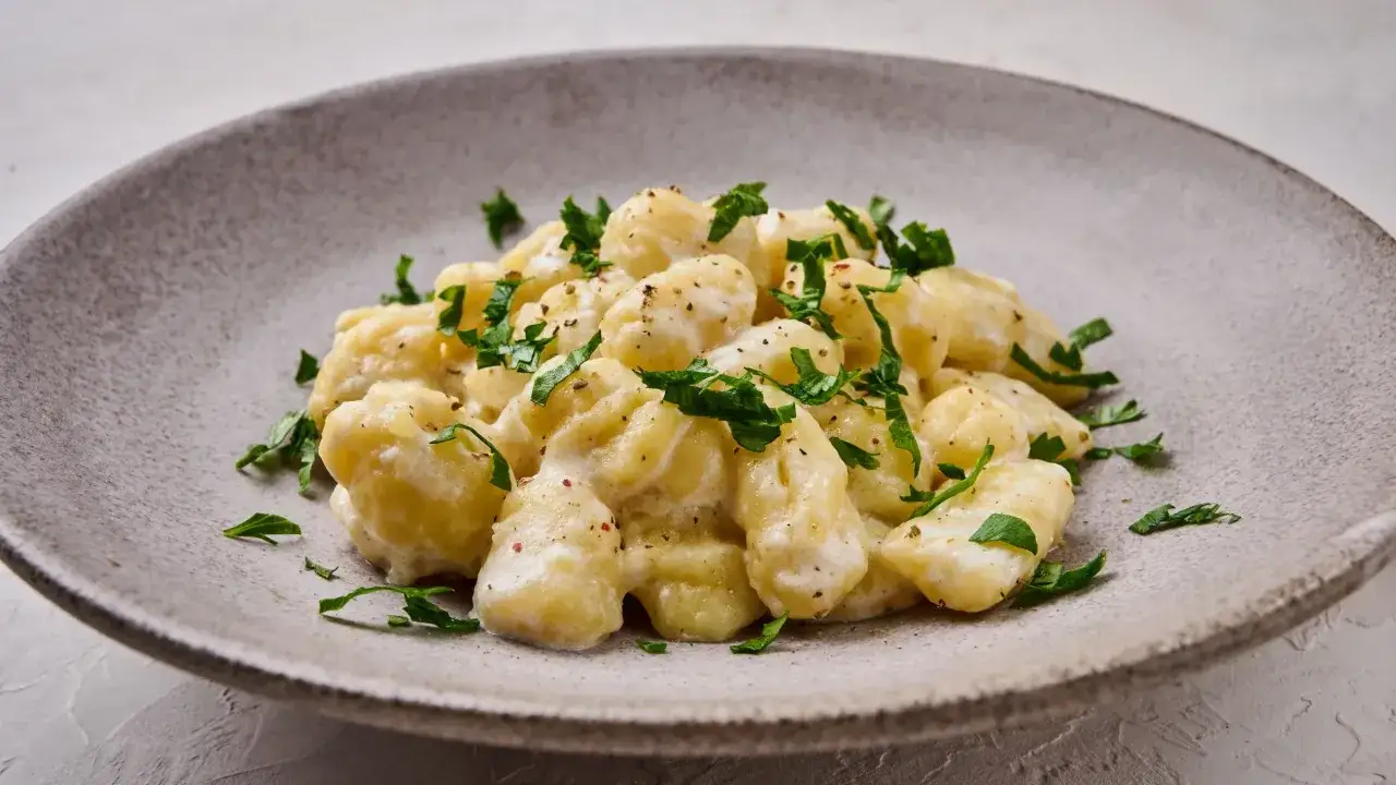 Pyszne gnocchi w sosie śmietanowo-serowym, posypane świeżą natką pietruszki. Idealne na szybki obiad.