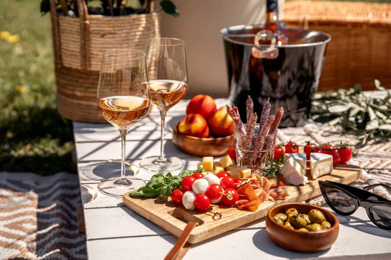 Idealne miejsce na piknik z kieliszkami różowego wina, deską serów, wędlin i owoców. To z pewnością jedne z najlepszych drinków na letni dzień.