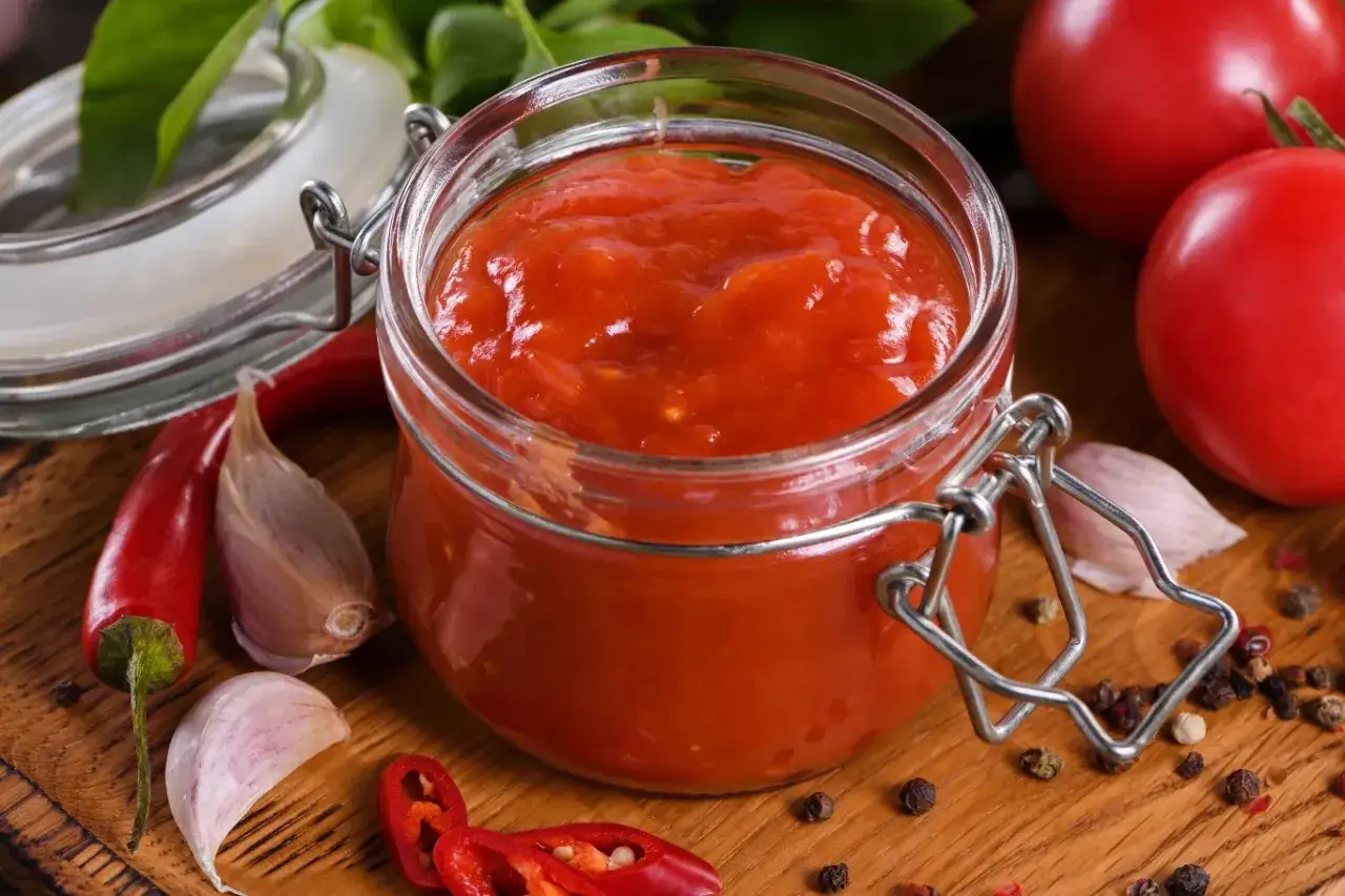 Słoik pełen gęstego, włoskiego przecieru pomidorowego, obok świeże pomidory, czosnek, papryczki chili i pieprz.