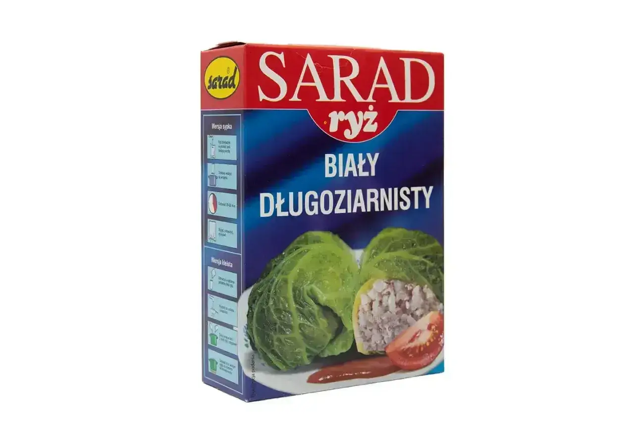 Ryż SARAD biały długoziarnisty - idealny do gołąbków. Opakowanie z ilustracją gołąbków i pomidora.